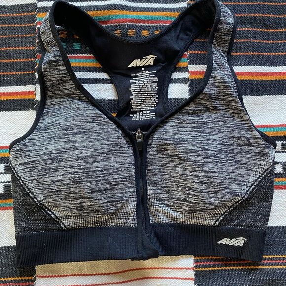 Avia Active Front Zip Sports Bra Gray & Black Padded Stretch Sports Bra - Picture 2 of 7